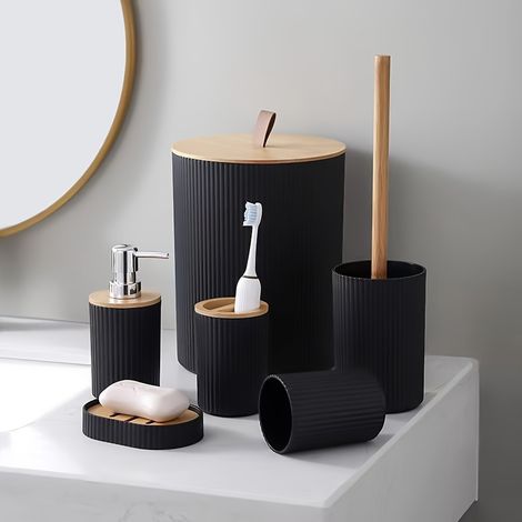 Ensemble de salle de bain 6 pièces, idéal pour les salles de bain, les anniversaires et les pendaisons de crémaillère (noir) (1/5)