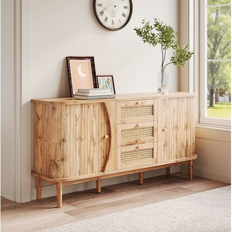 Sideboard 140,5x40x76 cm Natur Spanplatte mit Schiebetüren, Rattanschubladen, verstellbaren Einlegeböden und abgerundeten Kanten (1/5)