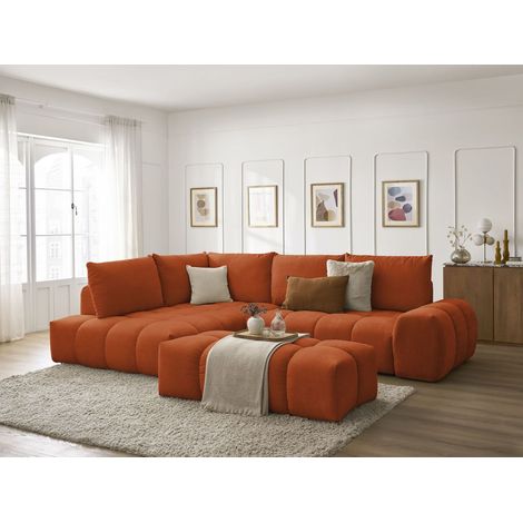 BOBOCHIC - Canapé d'angle L convertible coffre EVEREST tissu texturé avec pouf Angle gauche  Orange (1/5)