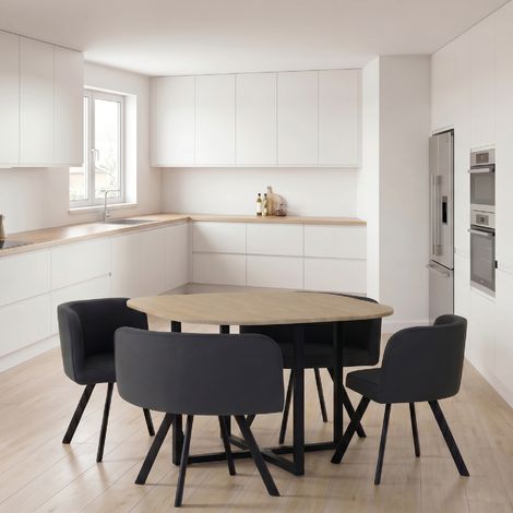 Conjunto de mesa y 4 sillas de comedor ISMET 100 × 100 cm, tablero de melamina 20 mm efecto madera, sillas gris y estructura metálica negra - MOG CASA (1/5)