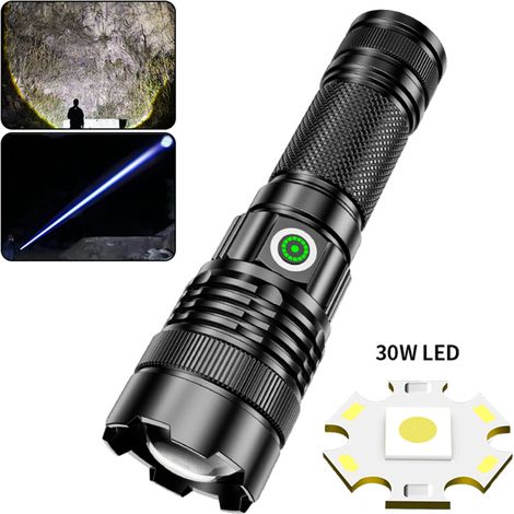 Lampe torche LED étanche, 30 W, rechargeable, idéale pour et l'extérieur, l'intérieur puissante, les urgences, haute luminosité et la randonnée . (1/5)