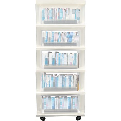 Organisateur en plastique à 5 tiroirs transparents, tour de rangement avec 4 roulettes, 40 x 33 x 98 cm, idéale rangement bureau, cours, documents, fournitures, pour bureau et maison (blan) (1/5)