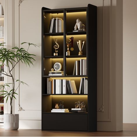 Vitrina alta negra 80 x 34 x 180 cm con 1 cajón y puertas de vidrio LED (1/5)