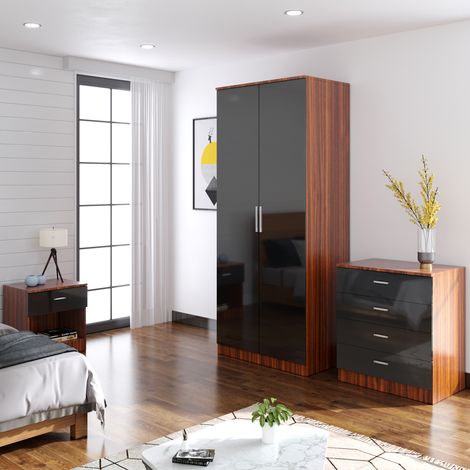 ELEGANT Modern High Gloss Wardrobe and Cabinet Furniture Set Bedroom 2 Doors Wardrobe and 4 Drawer Chest and Bedside Cabinet, Black/Walnut (1/5)