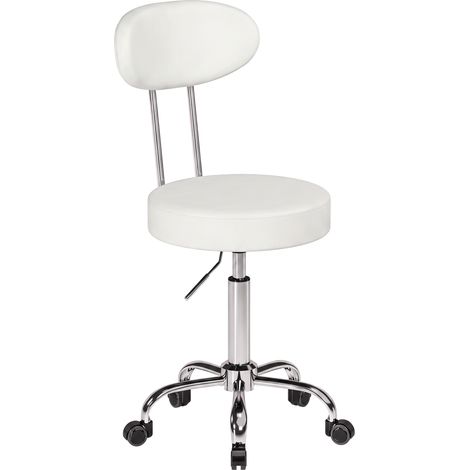 Tabouret pivotant à roulettes, hauteur réglable, en cuir synthétique, avec dossier, pour spa, bureau ou salon de tatouage, blanc (1/5)