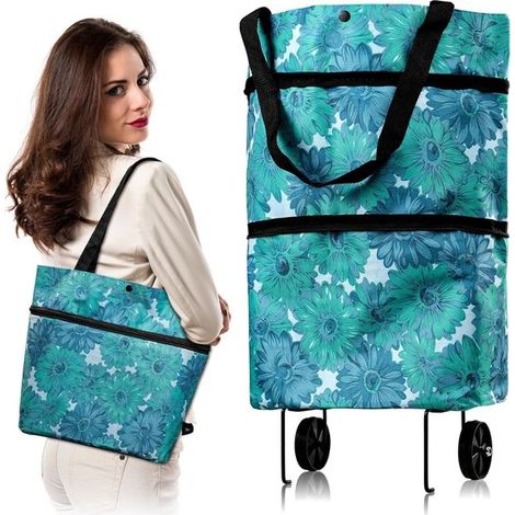 Chariot de courses pliable - Sac bandoulière - Réutilisable - Léger - Pliable - Sac de courses à roulettes - Chariot de courses - Sacs de courses - Panier à provisions à 2 roues - Bleu (1/5)