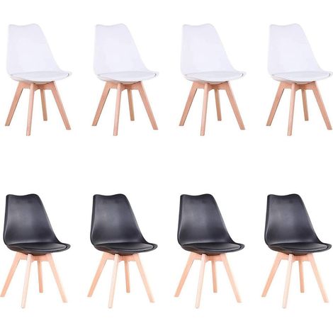 Esszimmerstuhl 8er Set mit Massivholzbeinen, abnehmbarem Kissen, Weiß+Schwarz (1/5)