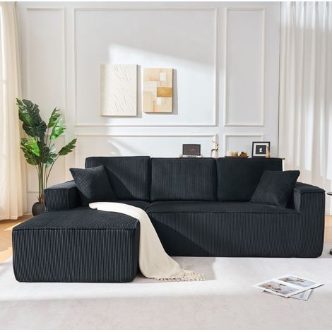 Divano angolare 235/128/60 cm in velluto a coste nero, modulare, con 2 cuscini e montaggio semplice (1/5)