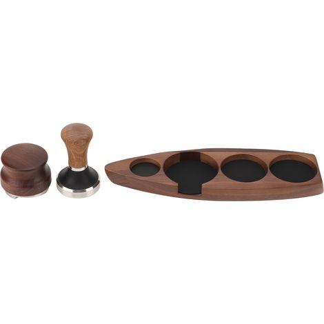 Support 3 pièces en bois de noyer avec rack distributeur en acier inoxydable pour base 51/53mm, porte-tasse et accessoires café. (1/5)