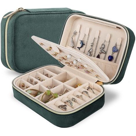 Boîte à bijoux de voyage en velours, mini étui à bijoux de voyage, petit organisateur de bijoux de voyage portable pour femmes et filles (vert) (1/5)