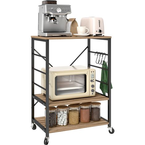 Étagère cuisine 3 niveaux industriel – Support micro-ondes et buffet – Roulettes, 4 crochets – 60 x 40 x 84 cm – Teck