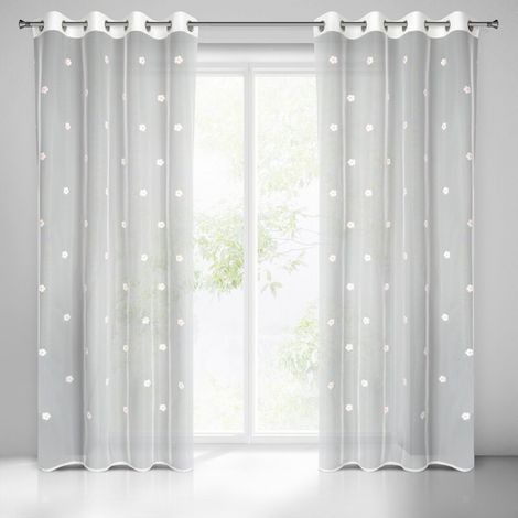 Rideau Elsa blanc 140x250 cm avec application de fleurs roses pour enfants, prêt à poser avec œillets (1/5)