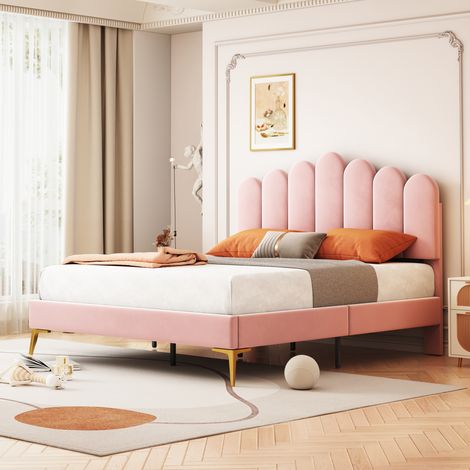 Lit double 140x200 cm, sommier à lattes inclus, tête de lit en velours rose doux, cadre de lit pour adulte, adolescent ou invité, tissu respectueux de la peau (1/5)