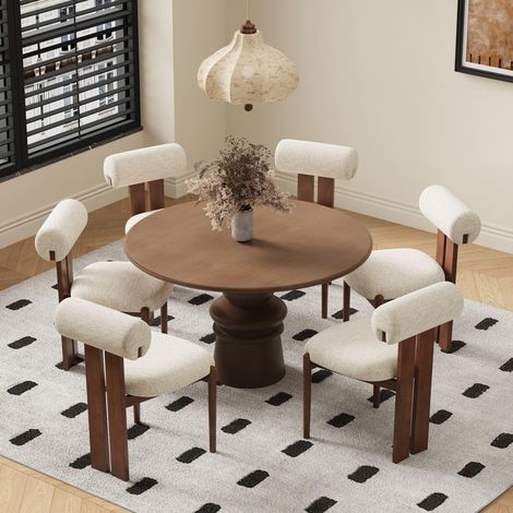 Lot de 6 chaises de Salle à Manger Modernes, chaises rembourrées avec Pieds en Bois et Dossier cylindrique Design, pour Salle à Manger, Cuisine, Restaurant – Pieds Brun foncé, Beige (1/5)