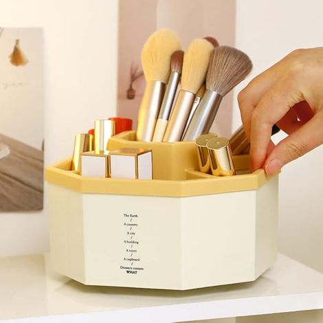 Schreibtisch-Organizer, 360 Grad drehbar, multifunktionaler Stifthalter, 5 Fächer, Schreibtisch-Organizer, Heimbüro, Kunstbedarf, Aufbewahrungsbox (weiß + gelb)