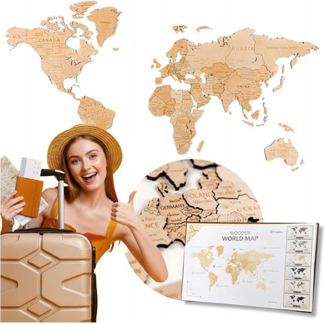 Carte du monde en bois 3D naturel 105 x 60 cm Décoration murale en bois (1/5)