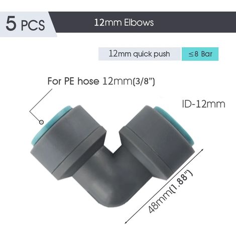 (Ex5PCS-Coude) Raccord de tuyau d'irrigation PE OD-12mm, joints de tuyau d'arrosage, raccords pour système de goutte-à-goutte de jardin, té, coude droit, adaptateur de réparation de tuyau (1/5)