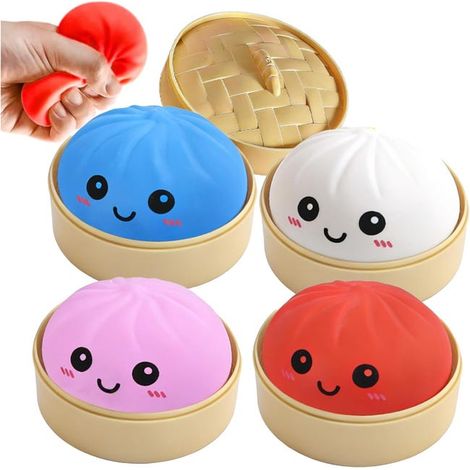 Jouet Anti-Stress Squishy Lot de 4 Bun à Vapeur Bleu Rose Blanc Rouge Mascotte Kawaii Relâche Stress Enfants Adultes (1/5)