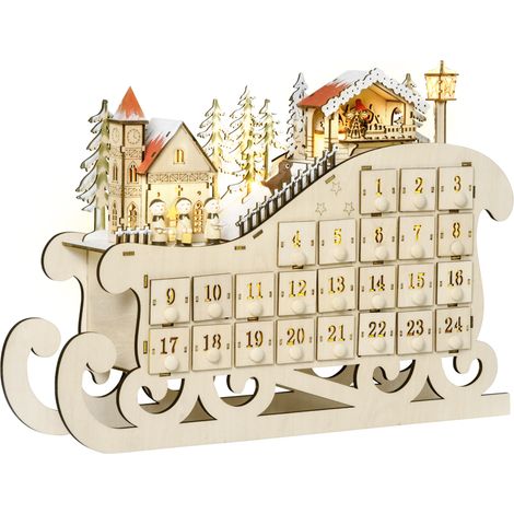 HOMCOM Adventskalender zum Befüllen mit 24 Schubladen LED-Lichtern Schlitten-Form, DIY Weihnachtskalender Weihnachts-Countdown-Kalender Geschenk für Kinder Erwachsene