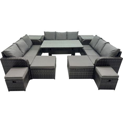 Fimous 13 Seater Garden Outdoor Rattan Furniture Set Rattan Sofa Oblong Dining Table with 2 Side Table 4 Footstools Dark Grey (1/5)