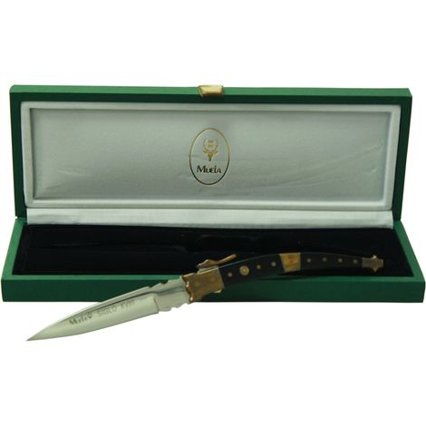 Kollektionsmesser Muela, MB-9M, schwarzes Pressholz und Messingcaches, 9 cm Klinge, 110 Gramm, Gesamtformat 20,5 cm + Mehrzweck-Geschenkkarte