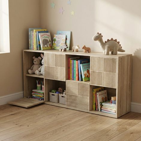 Bibliothèque enfant, 125X30X60cm, meuble de rangement enfant à 8 compartiments avec 4 portes, Étagère Modulaire en Bois, Style Moderne, Chêne Clair