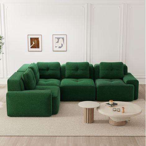 Divano angolare modulare in velluto a coste verde 295 x 295 x 69 cm, seduta profonda (1/5)