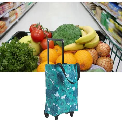 Chariot de courses extensible, petit chariot pour faire les courses, chariot de supermarché léger à roulettes avec roues pliables et sacs de rangement, motif marguerite bleue. (1/5)