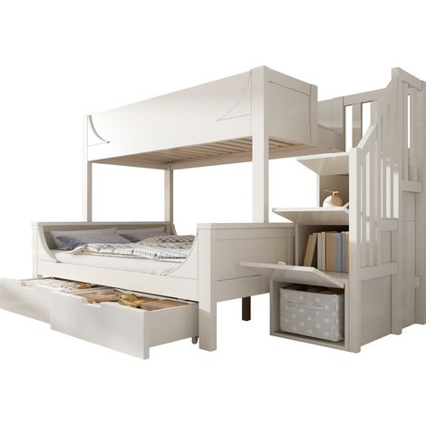 Lit Superpose 90x200 et 140x200 cm Lit avec Tiroirs et Escalier Rangement Design Traineau Blanc Cadre de Lit Coucher pour Chambre Familiale (1/5)
