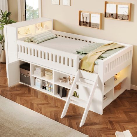 Lit mezzanine enfant 120x200 cm avec rangements, armoire, étagères, LED intégré et garde-corps, lit surélevé en bois - Blanc (1/5)