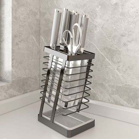 Porte-couteaux creux en acier inoxydable 304, support de rangement pour couteaux de cuisine avec bac de vidange, fente pour ciseaux, porte-couteaux universel, noir (1/4)