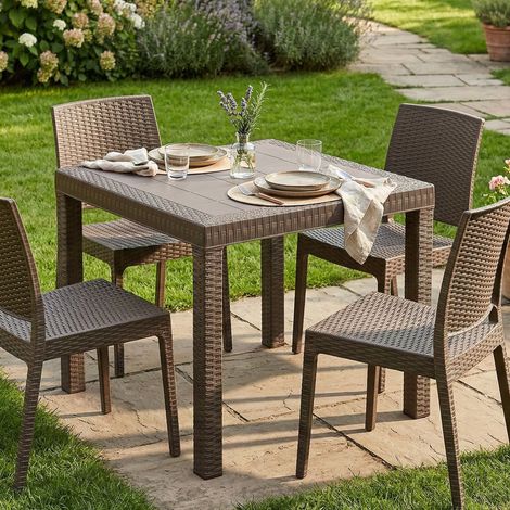 Dmora - Tisch im Freien Dguidon, Fester quadratischer Tisch, Mehrzweck-Gartentisch mit Rattan-Effekt, 100% Made in Italy, 80x80h74 cm, Braun (1/4)