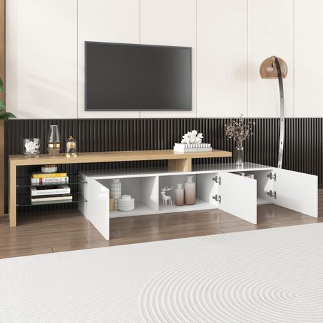 DESMIU Meuble TV 3 portes, niches et LED pour salon, en MDF et verre, naturel et blanc, 197.5 × 39 × 42 cm (1/5)