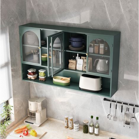 Mueble de almacenamiento mural 120 x 23 x 70 cm con 4 puertas de vidrio y metal, verde oscuro HAVRYA (1/5)
