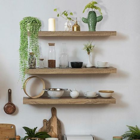 Ikodm Wandregal aus Holz, 3er-Set, 40 cm Wandregale mit unsichtbaren Halterungen für Schlafzimmer, Küche, Wohnzimmer, Büro (1/4)