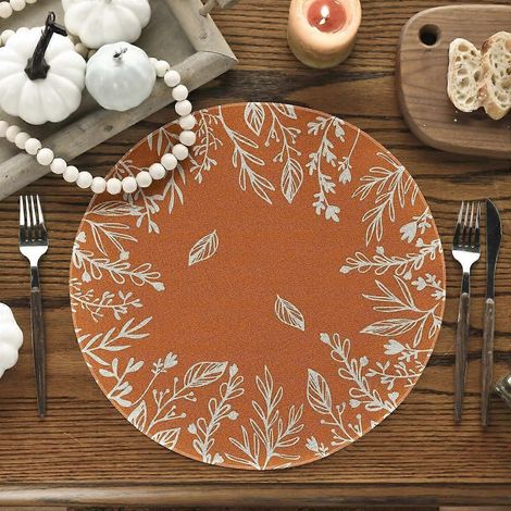 Ensemble de 4 sets de table ronds à motifs de feuilles d'eucalyptus orange, 35,5 cm (14 pouces), pour la décoration automnale et de Thanksgiving. Couleurs : orange et blanc. (1/4)