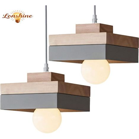 LONSHINE 2PCS Suspension Moderne Carré Abat-jour en Bois et Métal Gris E27 Luminaire Lustre Chambre Éclairage de Plafond pour Salon (1/5)