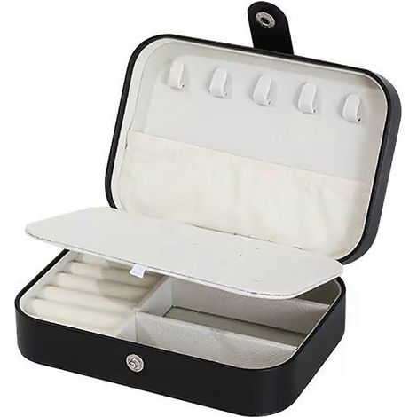 Boîte à bijoux de voyage pour femme, organisateur de bijoux portable pour bagues et boucles d'oreilles - Mini boîte à bijoux compacte avec crochets anti-nœuds et doublure en velours doux - Noir (1/5)