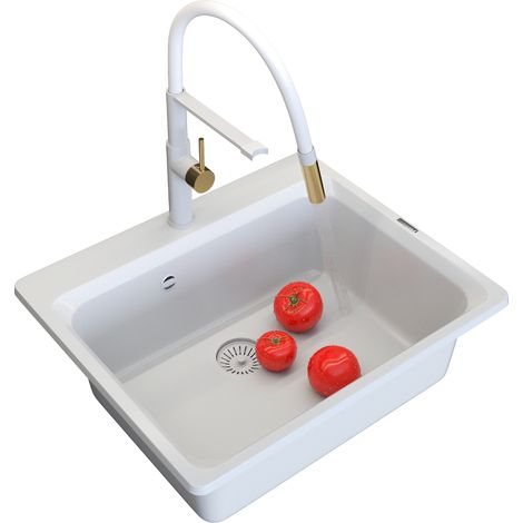 ZANTE évier en granit set de robinetterie blanc panier siphon SORIA (1/5)