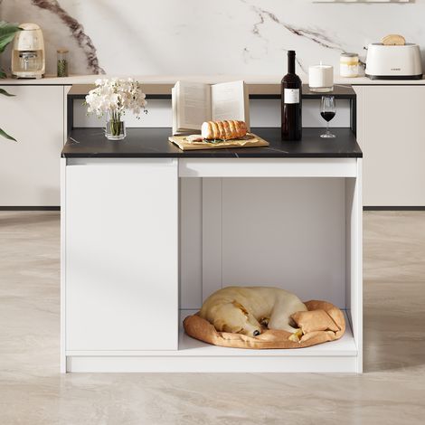 Kücheninsel Bartisch 120x80x100cm mit Haustierruhebereich Multifunktionaler Esstisch Melamin Modern Weiß und Schwarz Marmoroptik