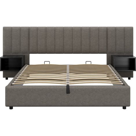 Letto imbottito 160x200 cm con 2 comodini, rete a doghe in legno, grigio e nero (1/5)