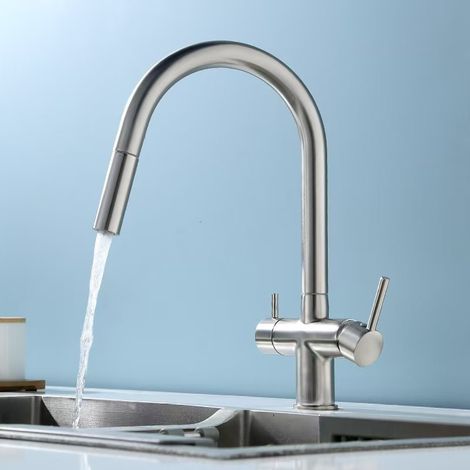 Hochwertige 3-in-1-Auszieharmatur in gebürstetem Silber  Atmungsaktive Edelstahl-Küchenarmatur  360° schwenkbar  Hochbogenfilter mit 3 Anschlüssen