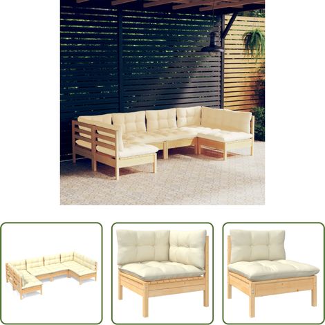 Terrassensofa - 6-tlg. Garten-Lounge-Set mit Creme Kissen Massivholz Kiefer (1/5)