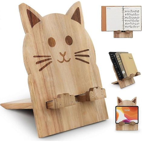 Support de livre de cuisine en bois en forme de chat, pour comptoir de cuisine, avec étagère à livres et pupitre. (1/5)