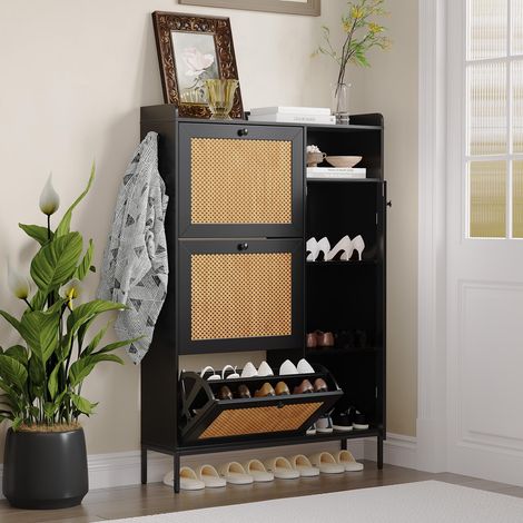 Étagère à chaussures en rotin – 3 tiroirs pliants & 4 niveaux – Meuble de rangement autoportant avec étagères réglables pour entrée et couloir (1/5)