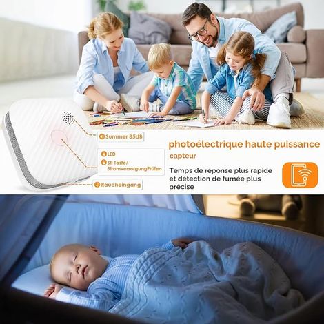 Detecteur de Fumée Connecté avec Capteur Photoélectrique et Pile Remplaçable, Détecteur de Fumée WLAN
