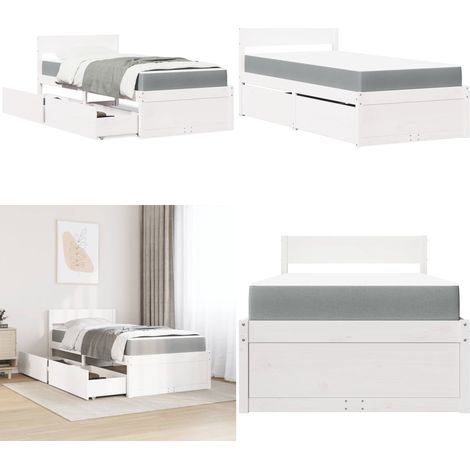 Letto Cassetti e Materasso Bianco 90x200 cm Legno Massello Pino - Materasso a molle insacchettate - Letto in legno massello