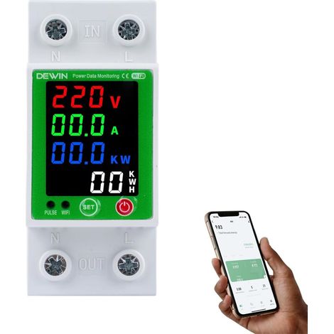 Compteur d'énergie Intelligent, Compteur électrique WiFi avec Protection Contre Les Surtensions, Protection Contre Les Surintensités, Protection Contre Les fuites 2P 63A AC 230V (1/5)