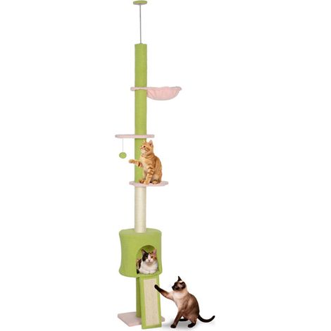 Arbre à chat réglable sol-plafond 5 niveaux, hauteur 220-240 cm, plateformes fleur, griffoir, niche, hamac, vert. (1/5)