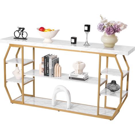 VEVOR Konsolentisch aus Marmor, moderner 3-stufiger Flurtisch (180 x 35 x 91 cm) für offene Aufbewahrung, goldener geometrischer Tisch mit Eisenrohren, Kippschutz und dreieckiger Unterstützung